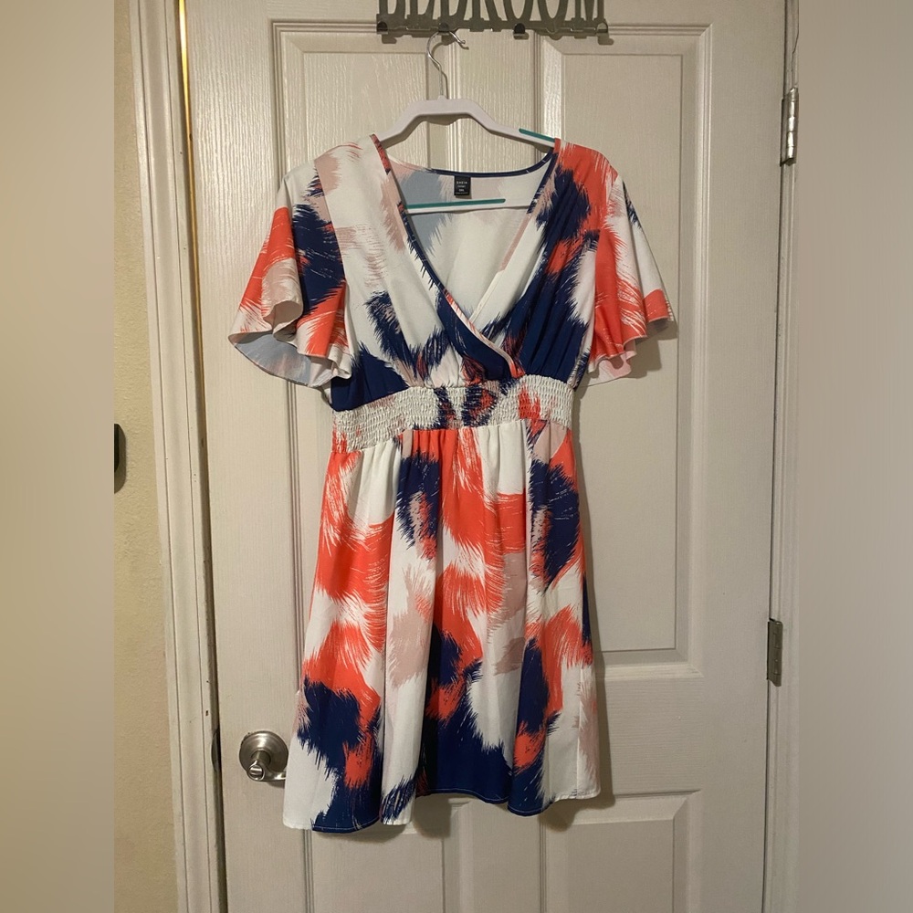 SHEIN Abstract V-Neck Dress in Blue and orange